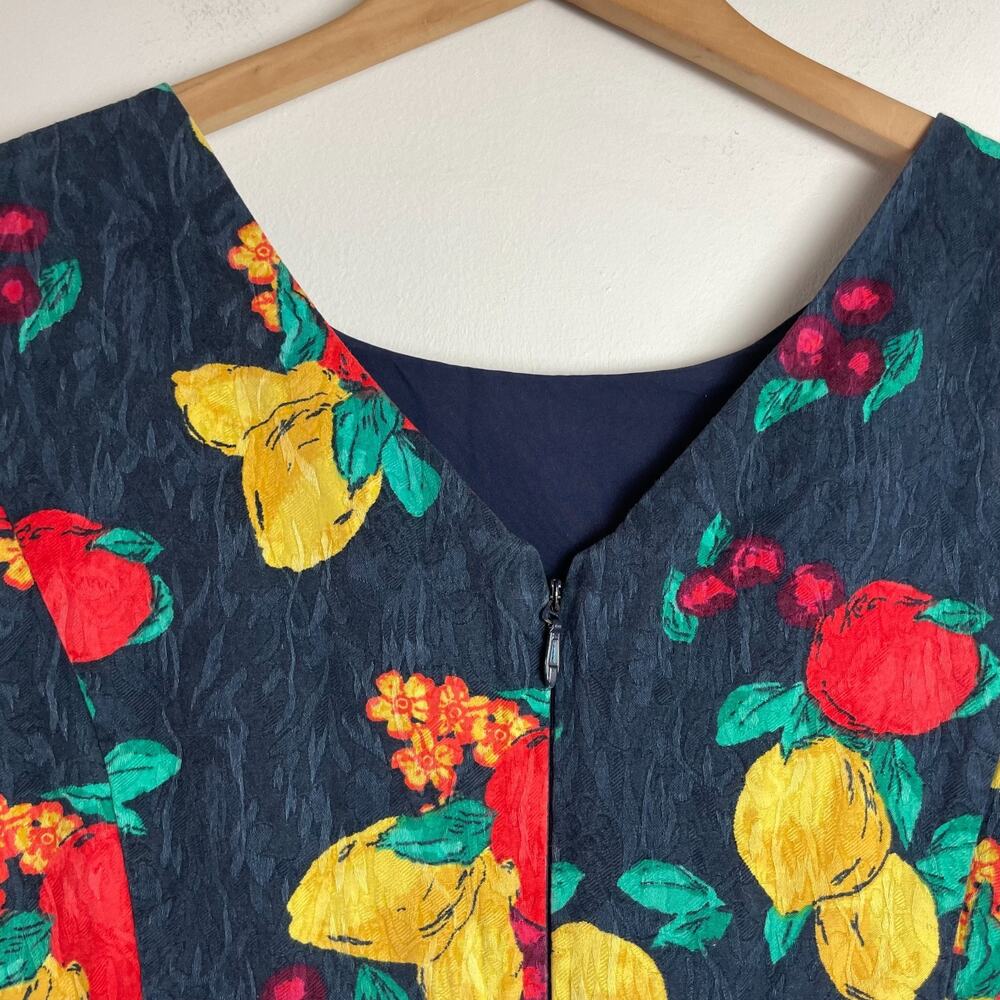 Eva Mendes Fit Flare Dress sz 16 Navy Lemon Tomato Girl Summer Retro Fruit Print - Picture 7 of 10